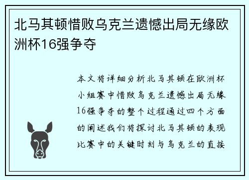 北马其顿惜败乌克兰遗憾出局无缘欧洲杯16强争夺